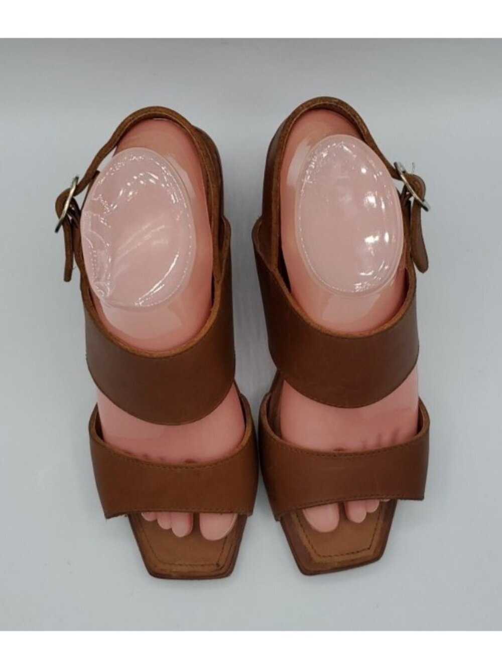 Adelante The Serena Sandal Sz 8C Tan Square Toe Heel Handmade Leather Shoes - Picture 3 of 14